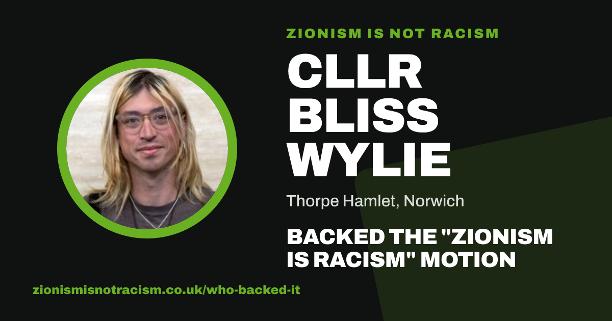 Share image: Cllr Bliss Wylie backed the "Zionism is Racism" motion