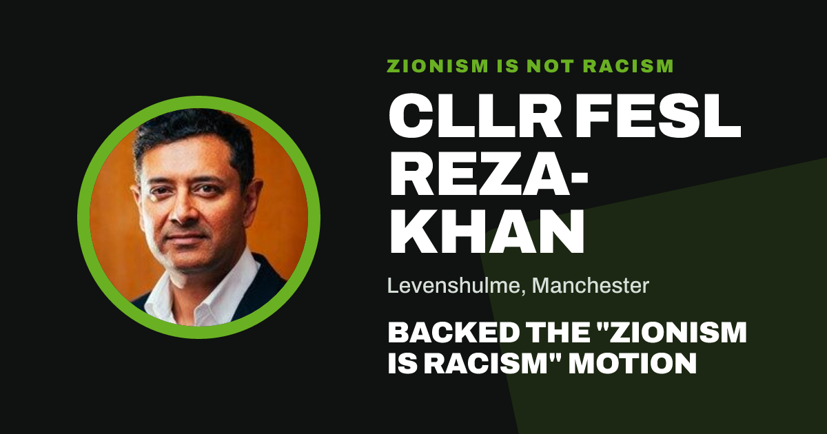 Share image: Cllr Fesl Reza-Khan backed the "Zionism is Racism" motion